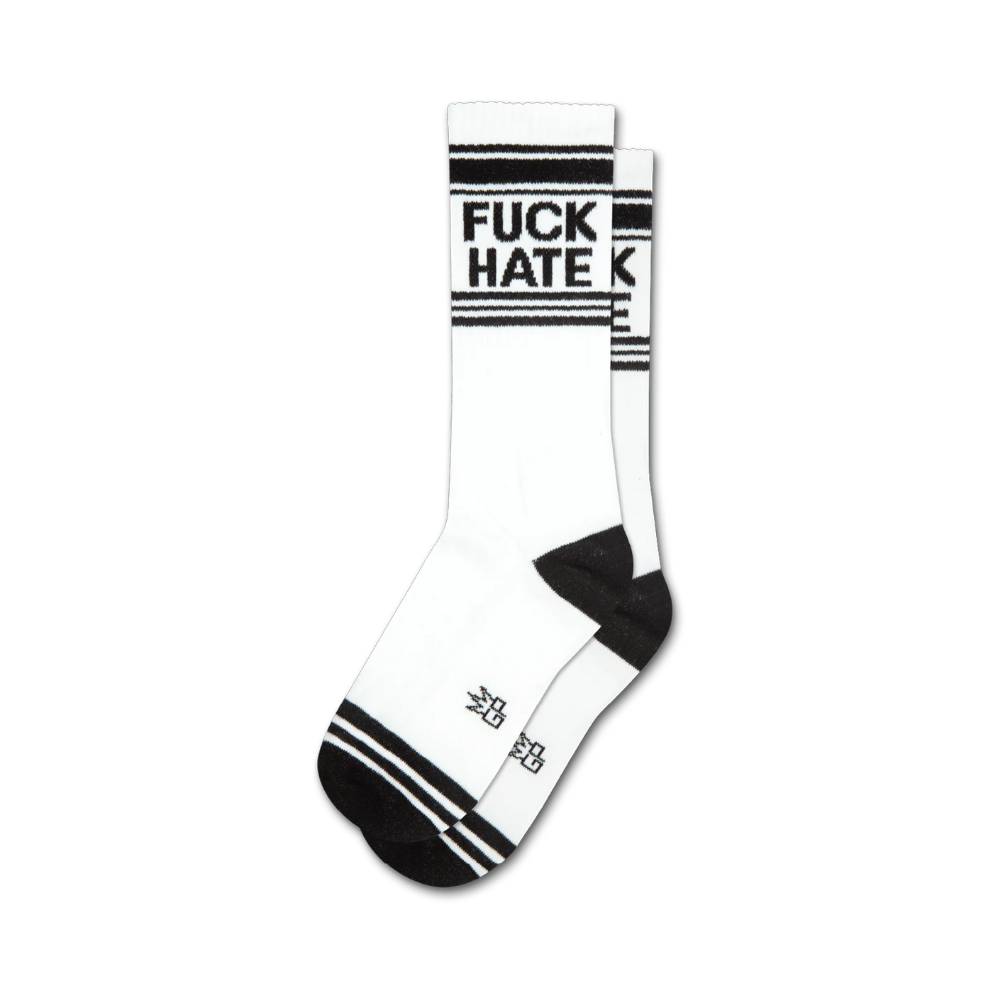 Pair of white crew socks with black stripes at the top and bottom. 'FUCK HATE' is printed in black.