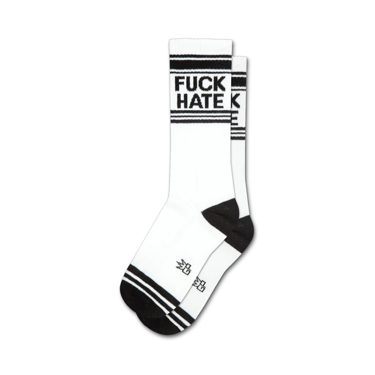 Pair of white crew socks with black stripes at the top and bottom. 'FUCK HATE' is printed in black.