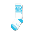 Pair of white crew socks with light-blue horizontal stripes and the phrase 'Moist For Choice' in light blue.