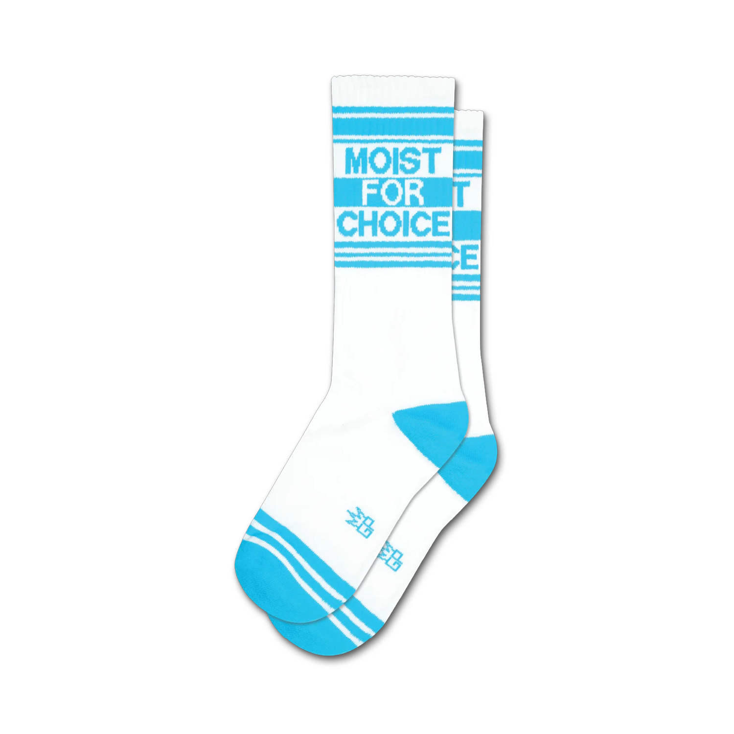 Pair of white crew socks with light-blue horizontal stripes and the phrase 'Moist For Choice' in light blue.