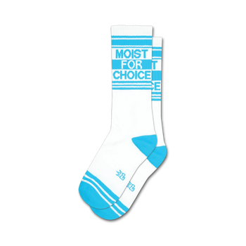 white crew socks with â€œmoist for choiceâ€ in blue block letters on front. blue toes, heels, and stripes.  