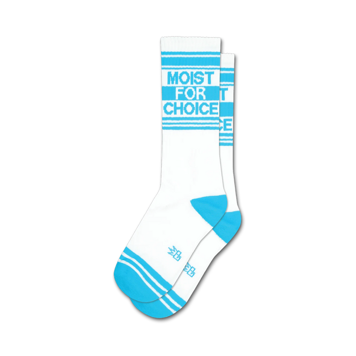 white crew socks with â€œmoist for choiceâ€ in blue block letters on front. blue toes, heels, and stripes.   }}