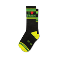 Pair of black crew socks with neon yellow and green stripes and 'I <3 Trash' graphic.  Red heart adds extra flair.