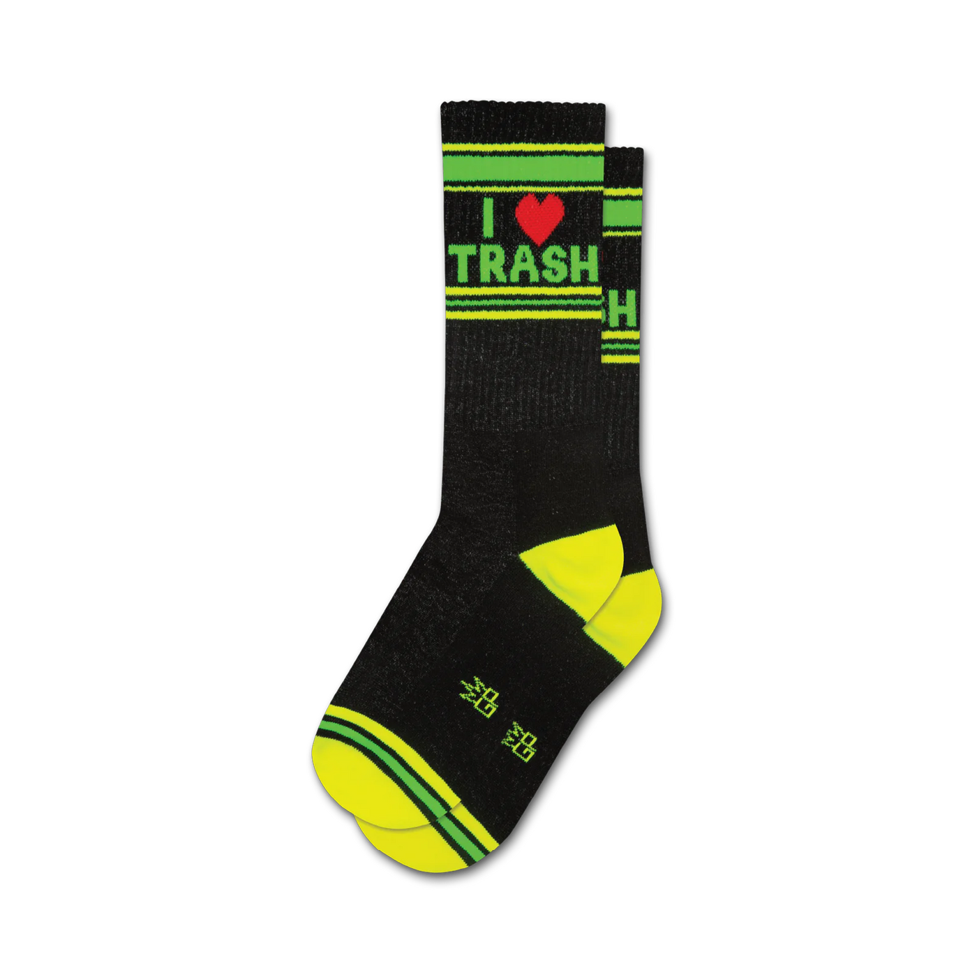 Pair of black crew socks with neon yellow and green stripes and 'I <3 Trash' graphic.  Red heart adds extra flair.