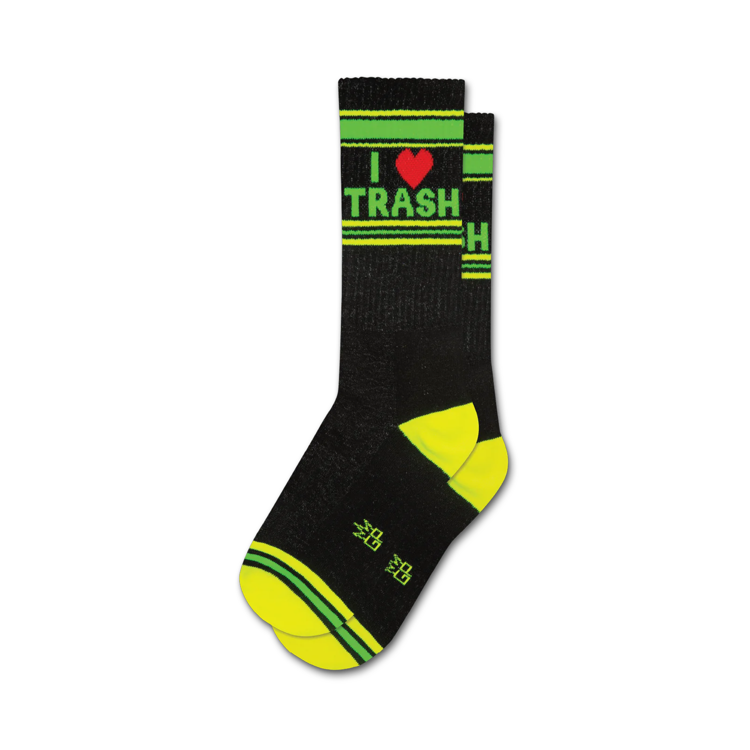 Pair of black crew socks with neon yellow and green stripes and 'I <3 Trash' graphic.  Red heart adds extra flair.
