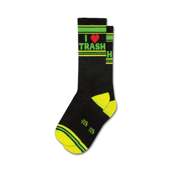 black crew socks with bright green and red "i love trash" graphic with neon green and yellow accents.   