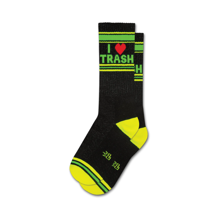 black crew socks with bright green and red 