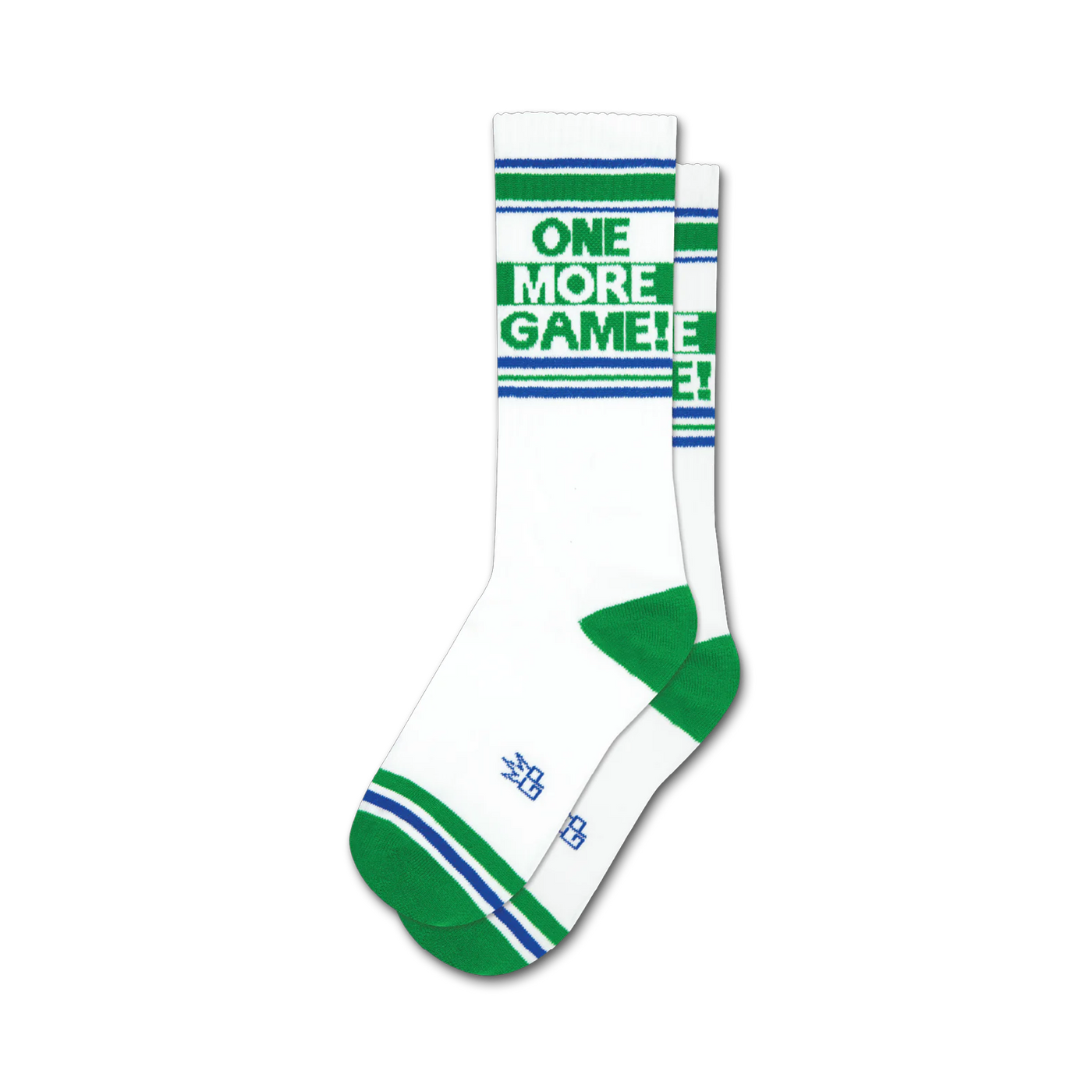 Pair of white crew socks with green and blue stripes and the text 'ONE MORE GAME!' in green. 