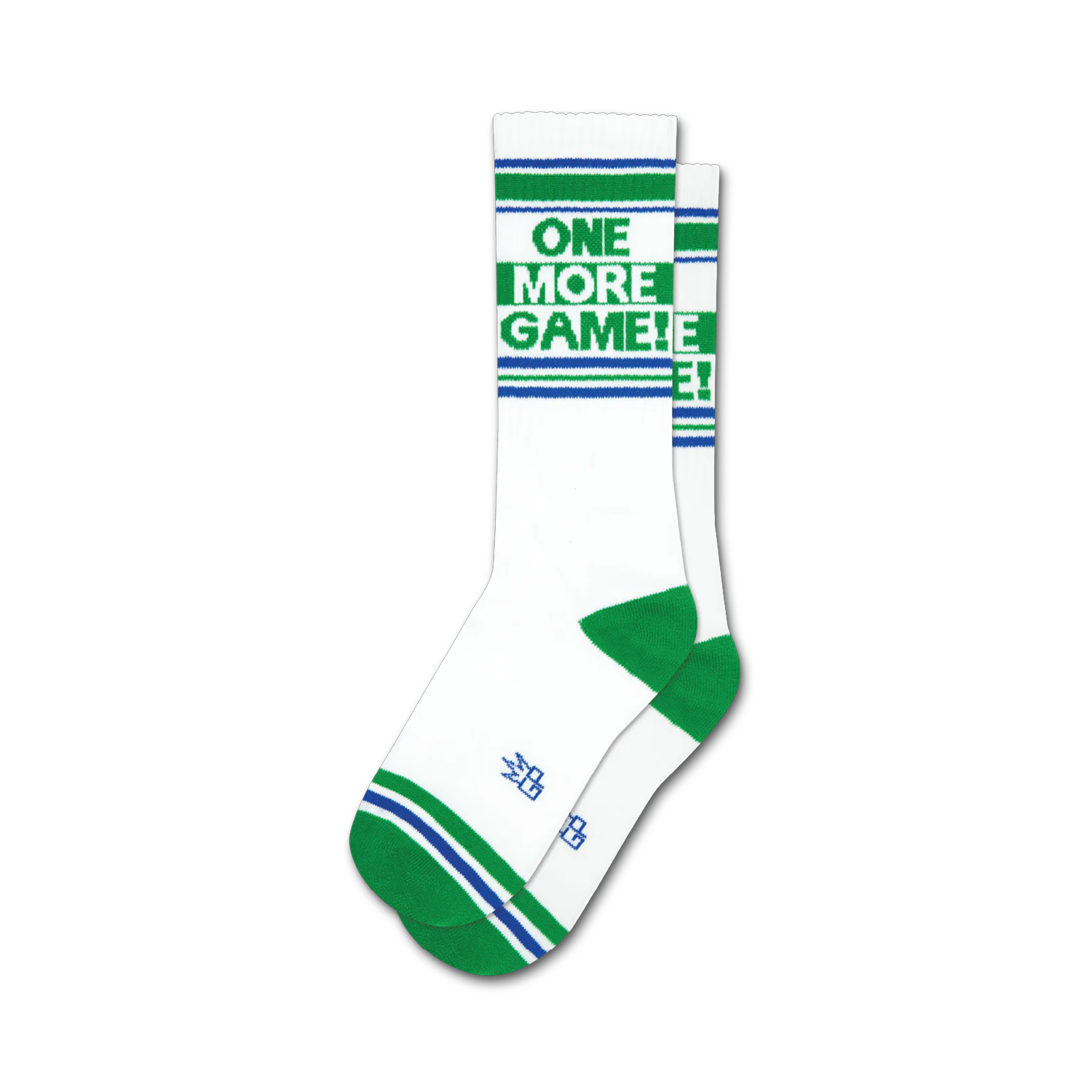 Pair of white crew socks with green and blue stripes and the text 'ONE MORE GAME!' in green. 