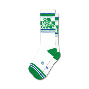 green and blue striped gamer crew socks for men and women. text on the front of each sock reads "one more game!"  