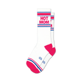 Pair of white crew socks with pink and blue stripes and the words 'HOT MOM' in pink. 