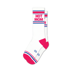 Pair of white crew socks with pink and blue stripes and the words 'HOT MOM' in pink. 