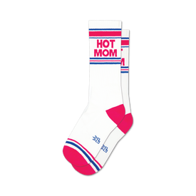 white socks with pink and blue hot mom block lettering, two pink stripes with blue stripe, pink toe and heel.  
