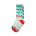 Pair of off-white crew socks with teal stripes and red cuffs. Text reads 'Sworn to Fun Loyal to None'.