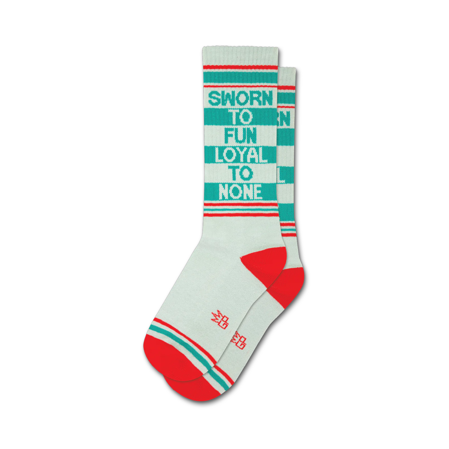 Pair of off-white crew socks with teal stripes and red cuffs. Text reads 'Sworn to Fun Loyal to None'.