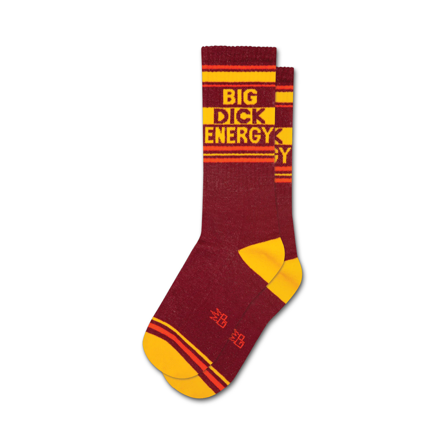 Pair of maroon crew socks with yellow and orange stripes.  The socks feature the text 'BIG DICK ENERGY' in a retro style.