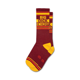 burgundy and yellow striped crew socks with red accents saying "big dick energy."  
