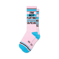 Pair of crew socks in pink, teal, and black.  The socks feature the text: 'I'm Not Flirting, I'm Just Hot and Talking'.