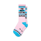 Pair of crew socks in pink, teal, and black.  The socks feature the text: 'I'm Not Flirting, I'm Just Hot and Talking'.