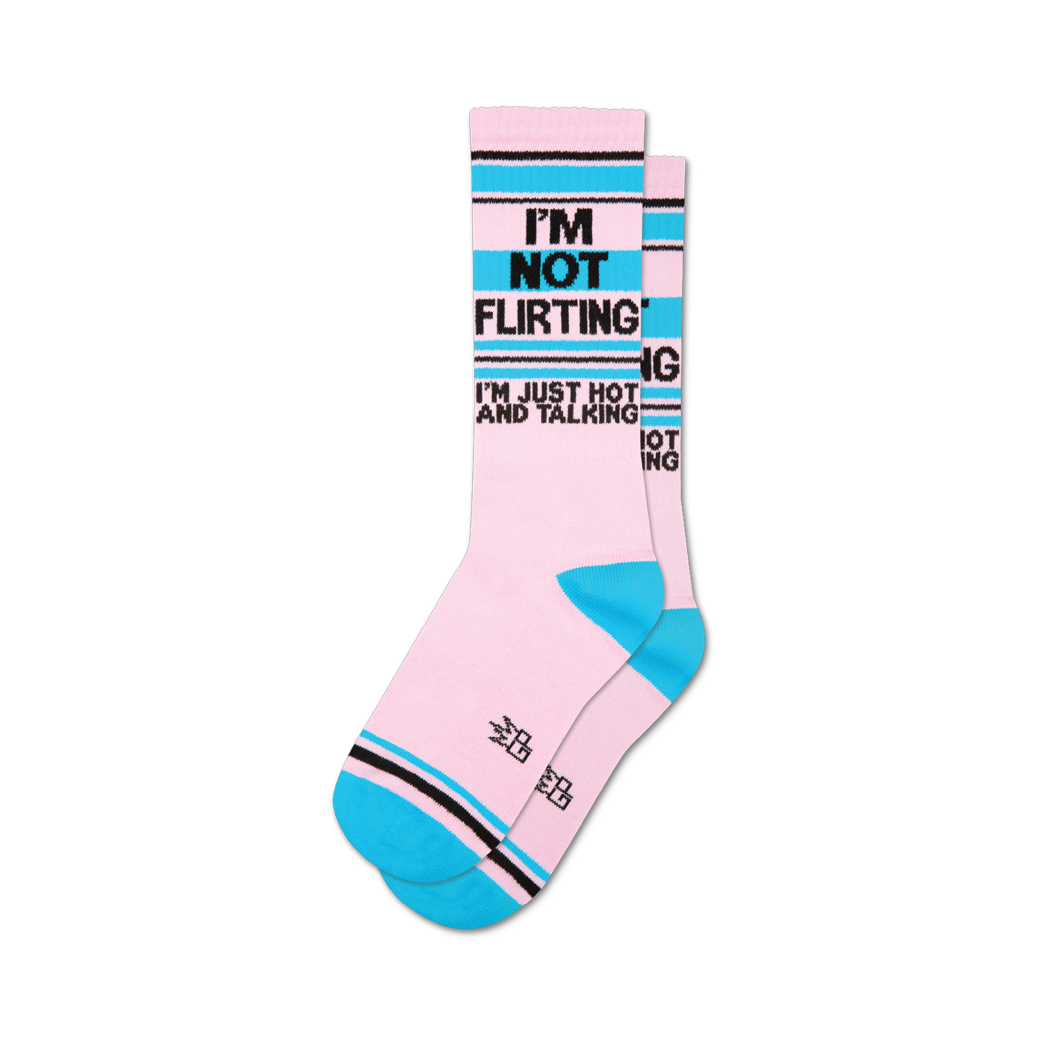 Pair of crew socks in pink, teal, and black.  The socks feature the text: 'I'm Not Flirting, I'm Just Hot and Talking'.