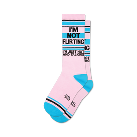 i'm not flirting crew xl women's socks: "i'm not flirting...i'm just hot and talking" funny text, pink, blue, white stripes, sassy, novelty. 