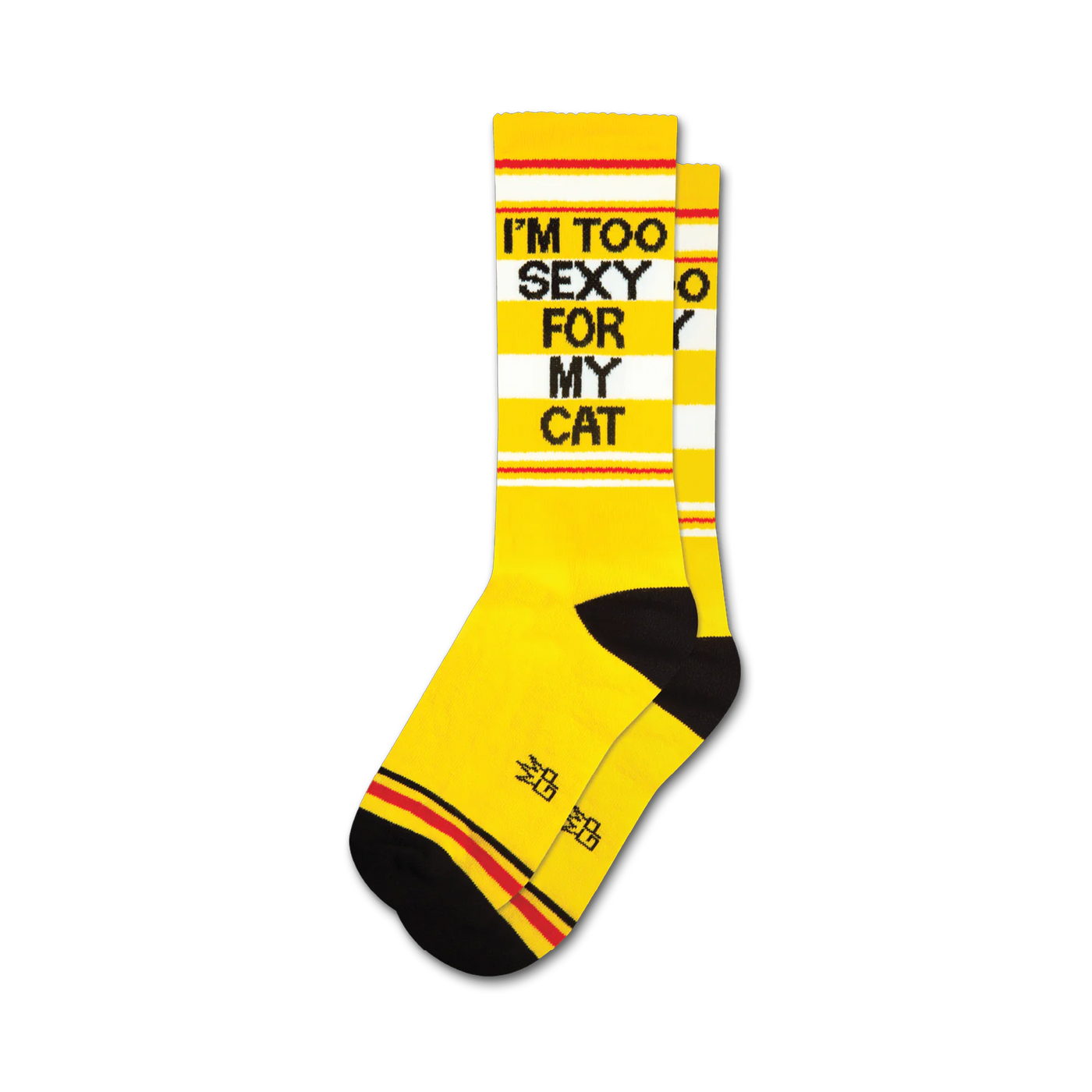 A pair of yellow crew socks with black lettering reading 'I'M TOO SEXY FOR MY CAT' and red and white stripes.  The socks have black heels and toes.