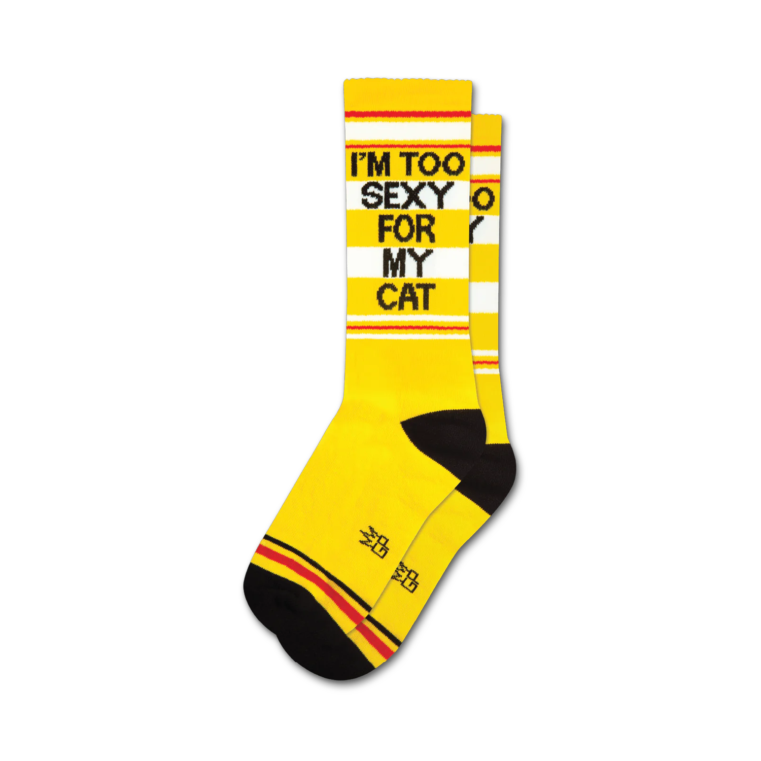 A pair of yellow crew socks with black lettering reading 'I'M TOO SEXY FOR MY CAT' and red and white stripes.  The socks have black heels and toes.