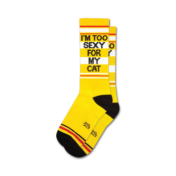 yellow crew socks with black and red stripes and "i'm too sexy for my cat" text for men and women.  