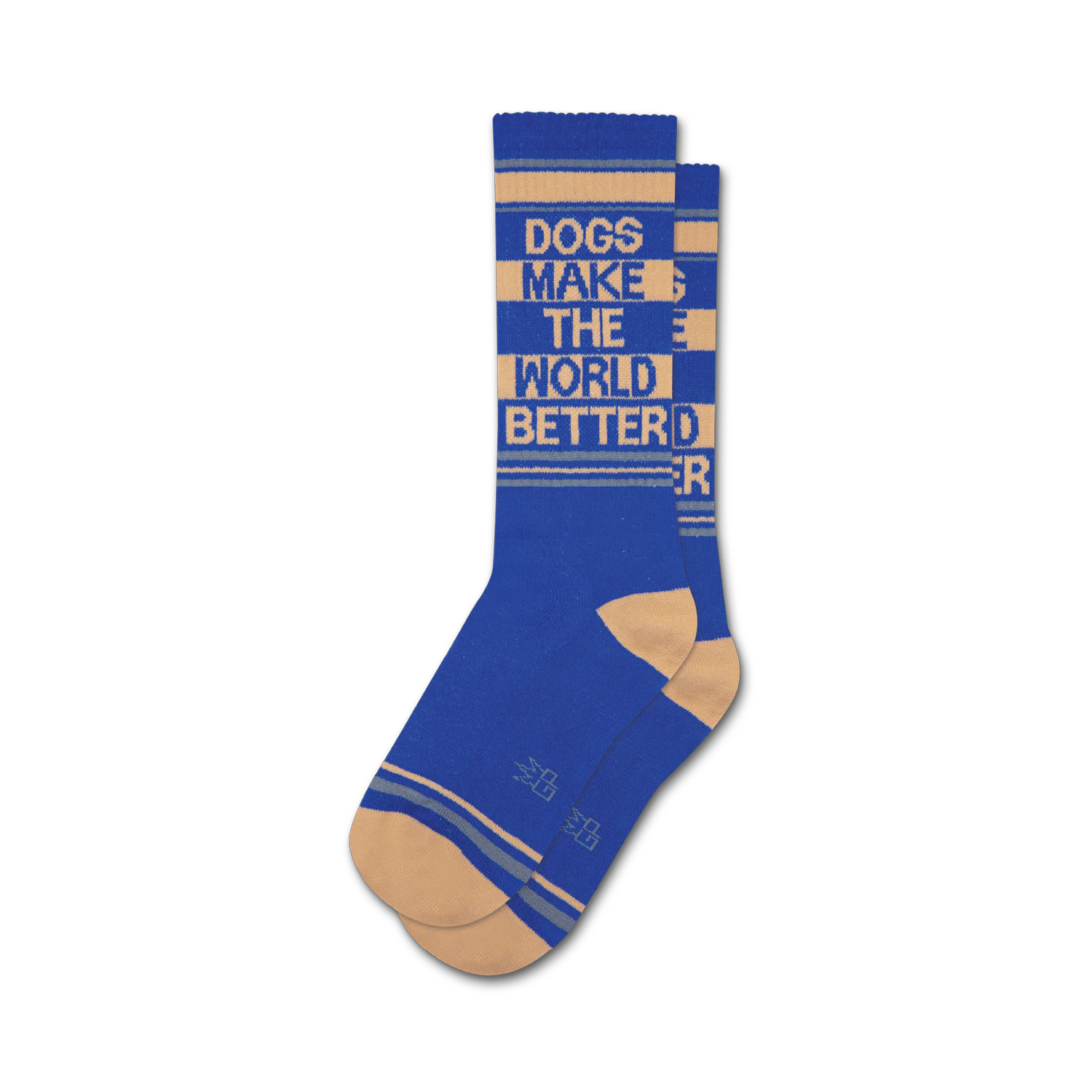Pair of blue and beige crew socks with the text 'Dogs Make The World Better' in a retro stripe design.