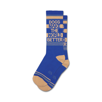 blue crew socks with "dogs make the world better" in light blue.  