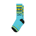 Pair of light blue crew socks with black and yellow stripes and the text 'Booze Is The Answer' and 'What Was The Question?'