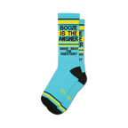 Pair of light blue crew socks with black and yellow stripes and the text 'Booze Is The Answer' and 'What Was The Question?'