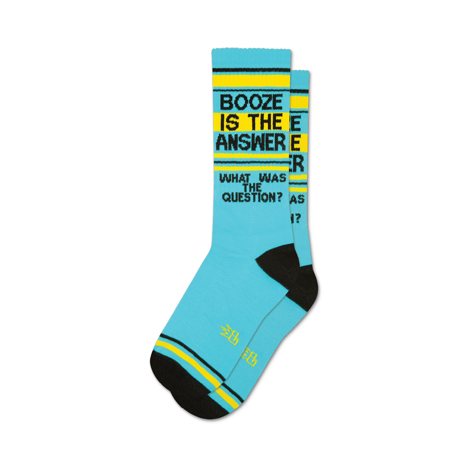 Pair of light blue crew socks with black and yellow stripes and the text 'Booze Is The Answer' and 'What Was The Question?'