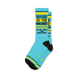 blue socks with black toes, heels, and cuffs. yellow stripes, words "booze is the answer" and "what was the question?" fun, novelty socks for men and women.   
