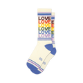 Cream crew socks with rainbow colored 'LOVE' text and purple, white stripes. 