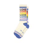Cream crew socks with rainbow colored 'LOVE' text and purple, white stripes. 