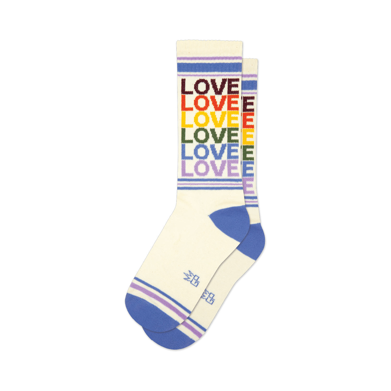 Cream crew socks with rainbow colored 'LOVE' text and purple, white stripes. 