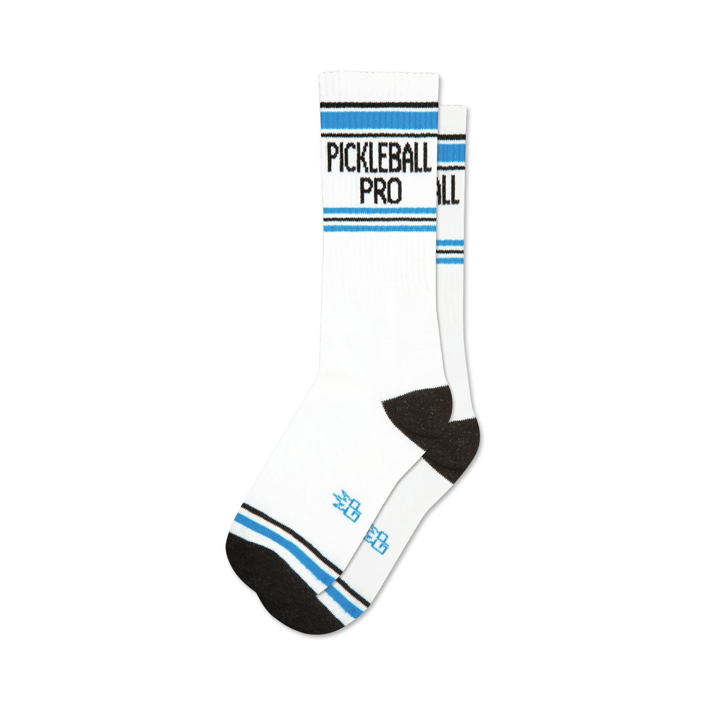 Pair of white crew socks with black and light blue stripes and 'Pickleball Pro' text.  A small logo is visible at the bottom.