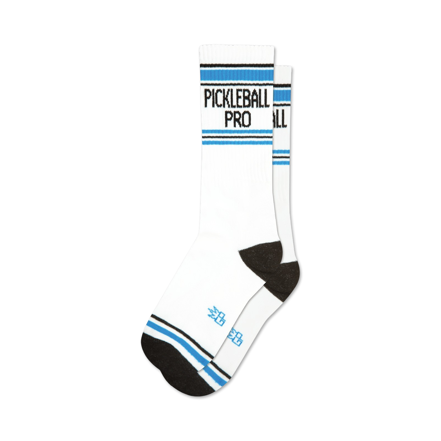 Pair of white crew socks with black and light blue stripes and 'Pickleball Pro' text.  A small logo is visible at the bottom.