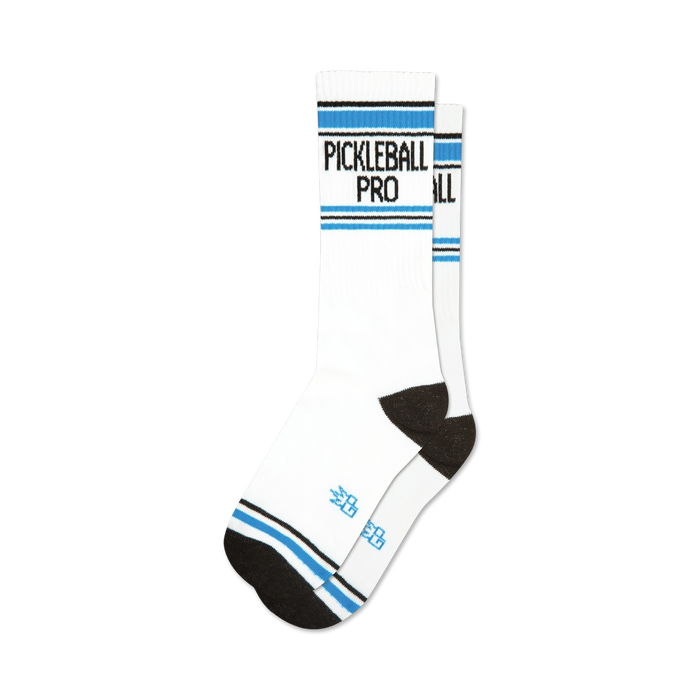white pickleball pro crew socks with blue and black stripe and lettering.    }}