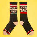 Another flat lay product shot of 'Horny for Pizza' socks, showcasing both socks fully.