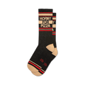 Pair of black crew socks with beige and red stripes and 'Horny for Pizza' text.