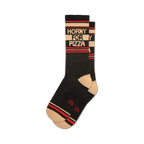 Pair of black crew socks with beige and red stripes and 'Horny for Pizza' text.