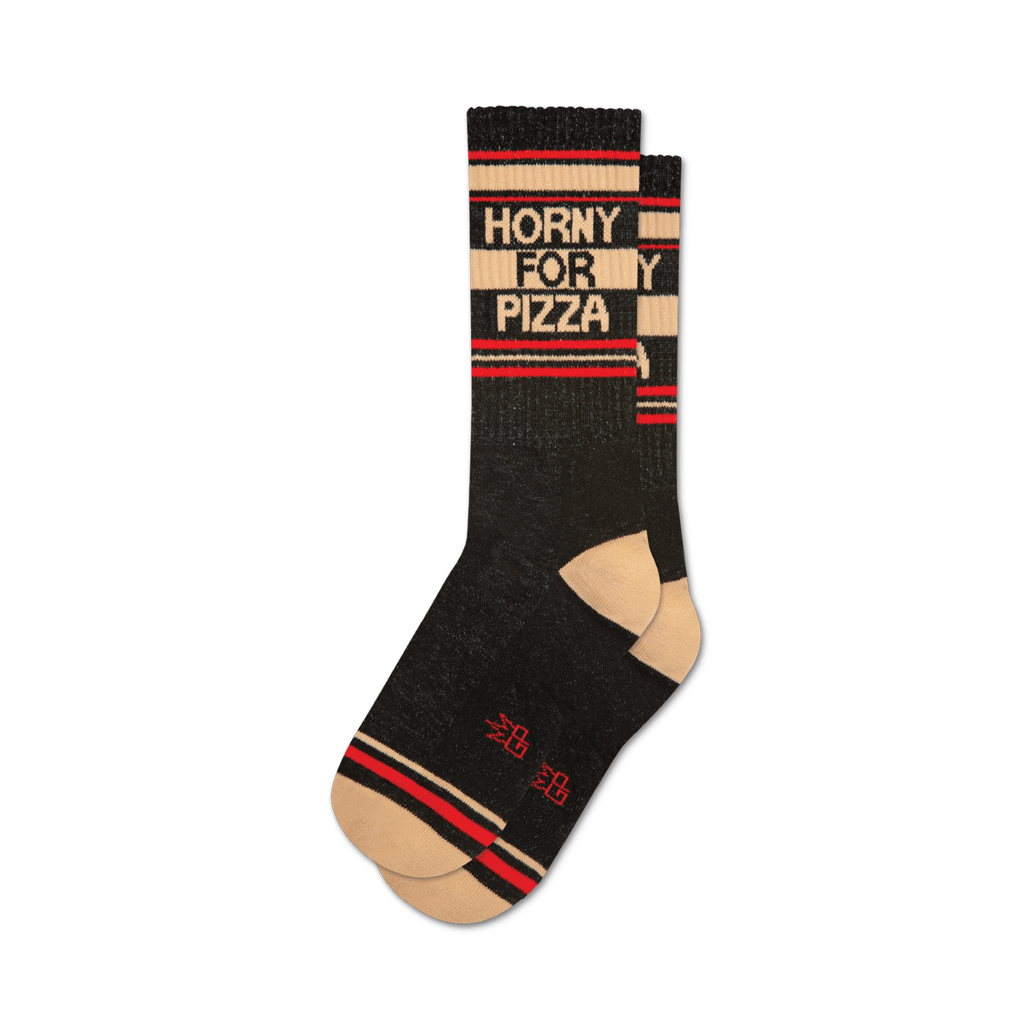 Pair of black crew socks with beige and red stripes and 'Horny for Pizza' text.
