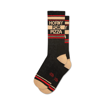 black socks with red and white stripes with the words 'horny for pizza' written in white. unisex. crew length.   