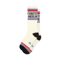 Pair of cream crew socks with 'Exhausted American' text in black, accented by red and blue stripes at the top and bottom.
