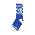 Pair of blue crew socks with white stripes and the text 'I Heart My Dad Bod' in red and white. 