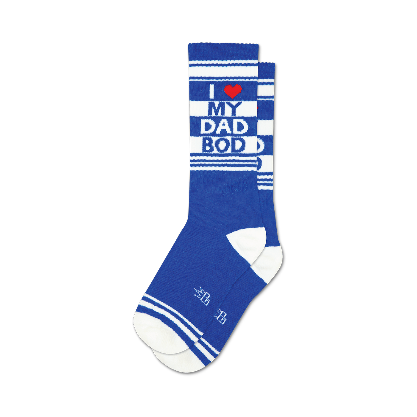 Pair of blue crew socks with white stripes and the text 'I Heart My Dad Bod' in red and white. 