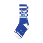 Pair of blue crew socks with white stripes and the text 'I Heart My Dad Bod' in red and white. 