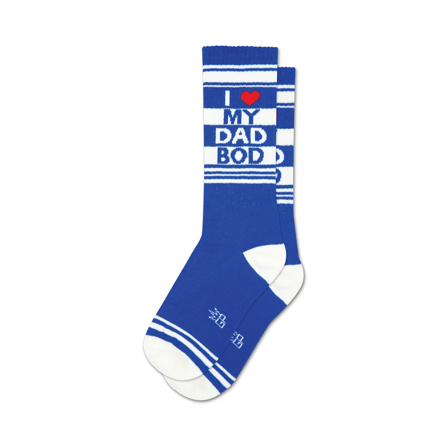 Pair of blue crew socks with white stripes and the text 'I Heart My Dad Bod' in red and white. 